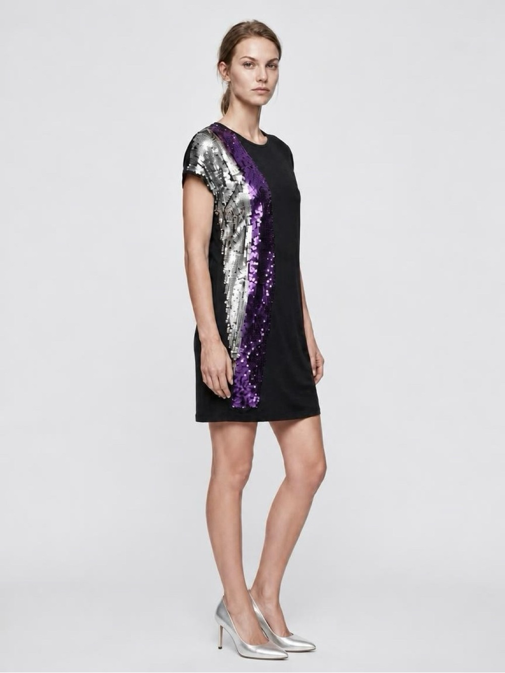 Apostrophe Black Mini Dress with Purple & Silver Sequin Panel